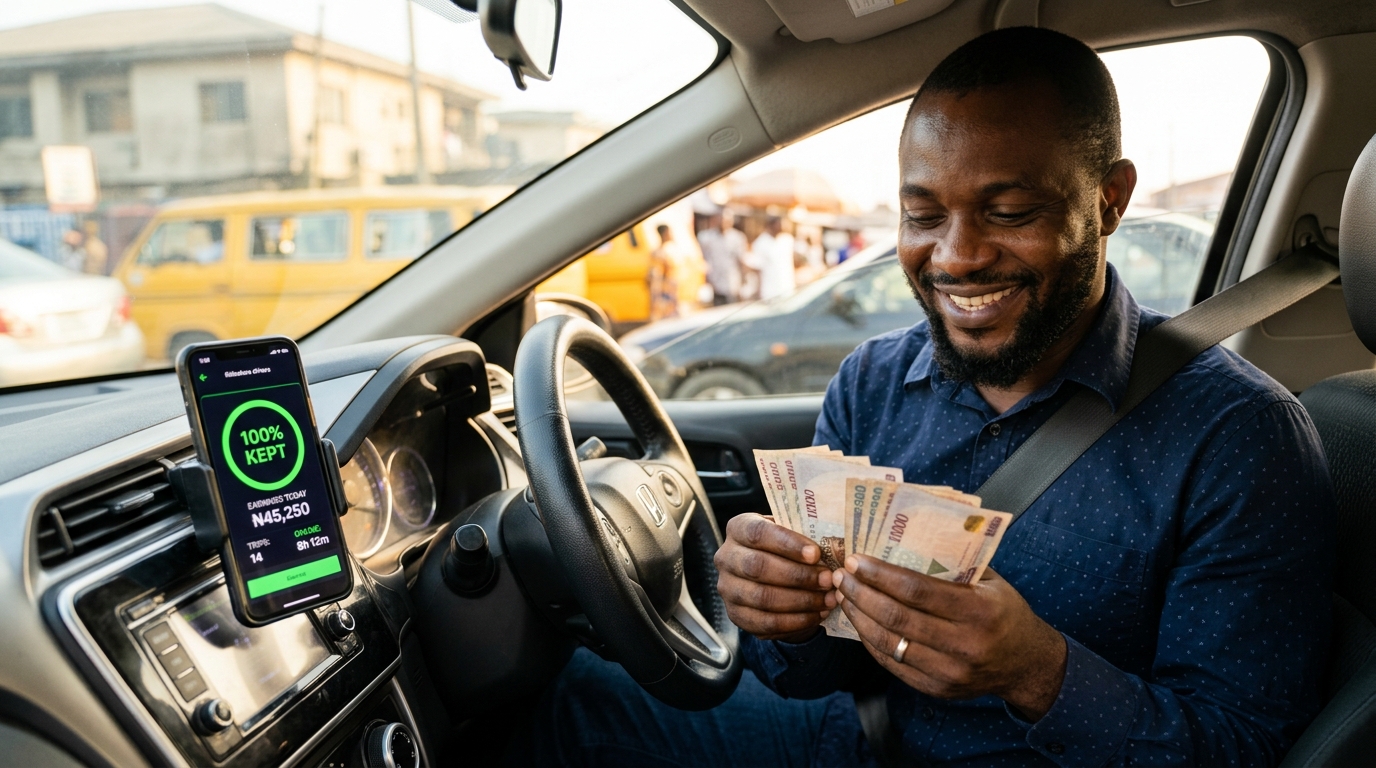 Nigerian NEXRYDE driver counting Naira cash with his smartphone showing 100% earnings kept — zero commission Nigerian ride-hailing app