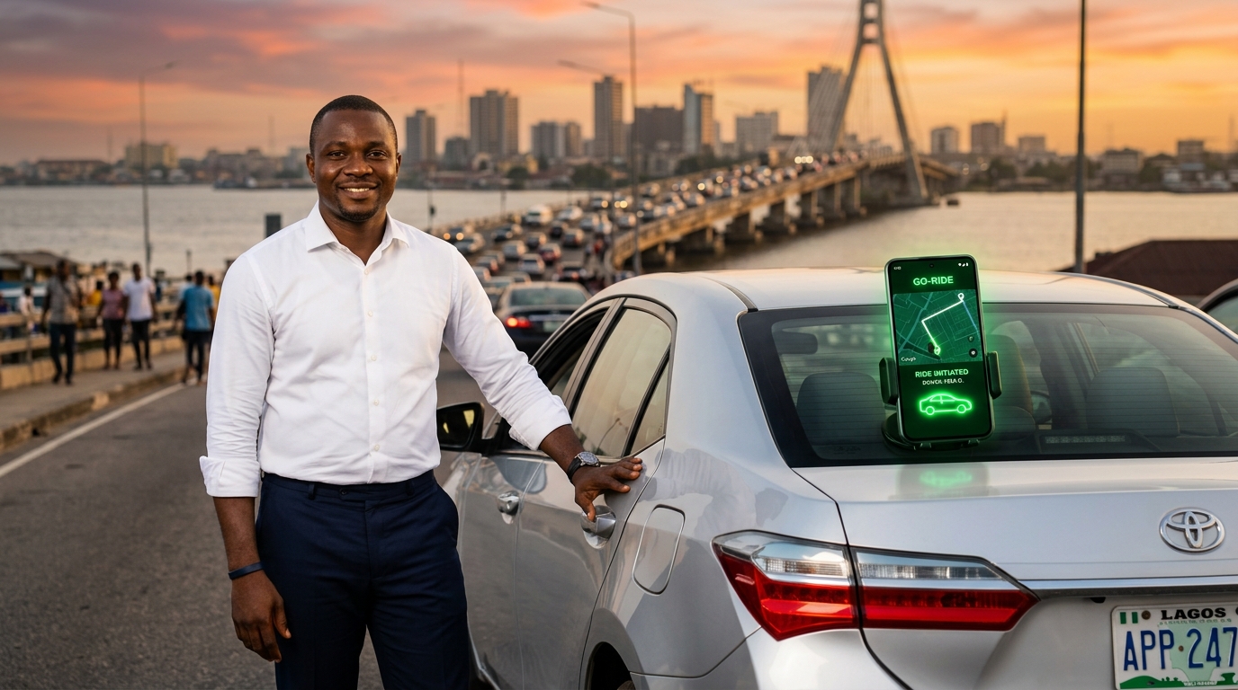 Nigerian NEXRYDE driver standing next to his car in Lagos at golden hour — the official launch of NEXRYDE ride-hailing app on May 1, 2026