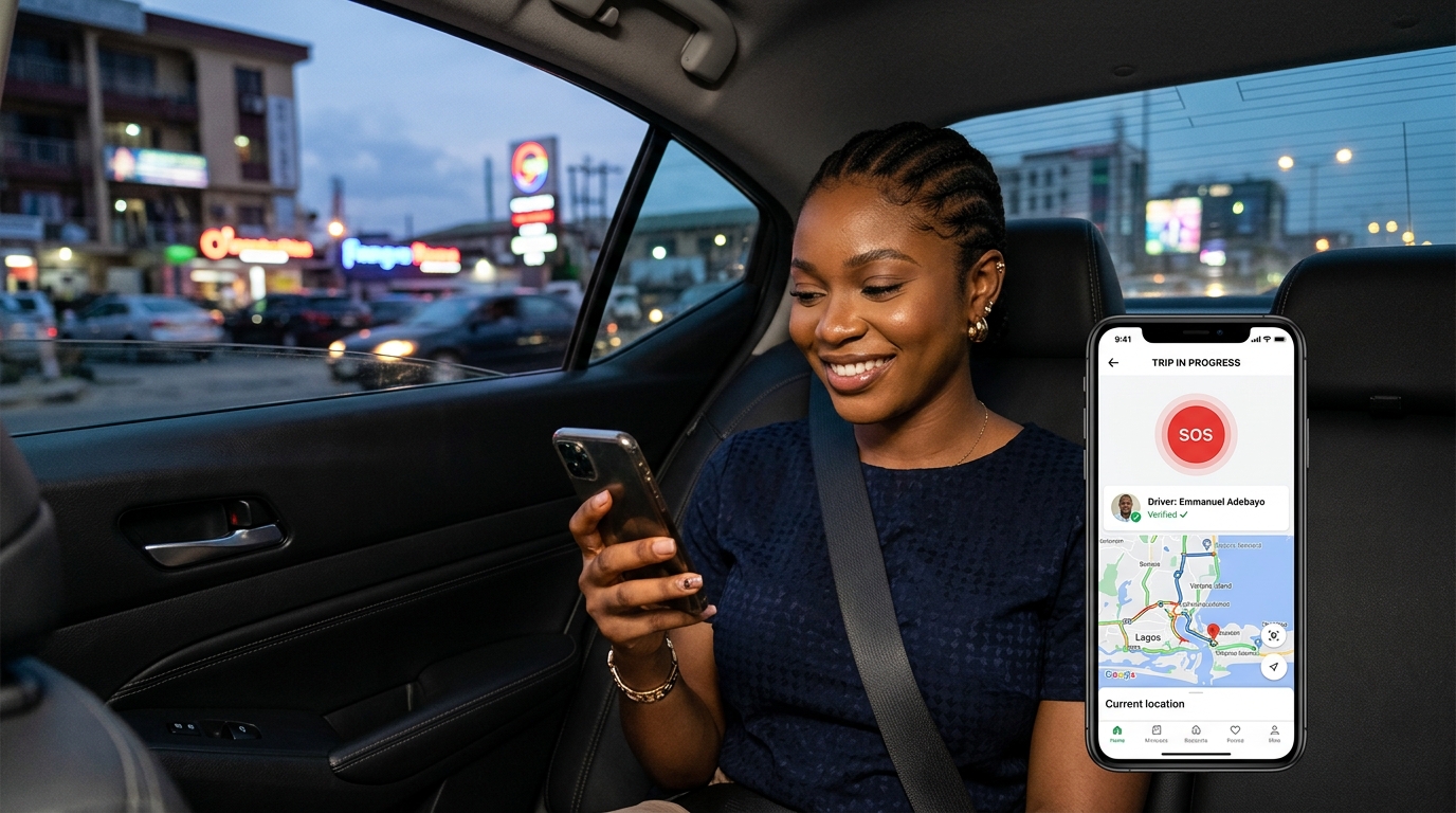 Young Nigerian woman in back seat checking NEXRYDE app showing SOS button, driver verification and live trip tracking — safest ride-hailing app in Nigeria
